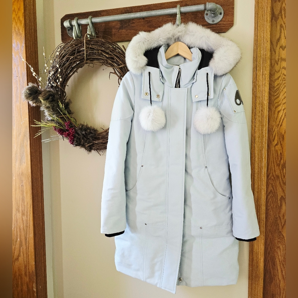 Moose Knuckles Stirling Women's Light Blue Fur-Trimmed Parka